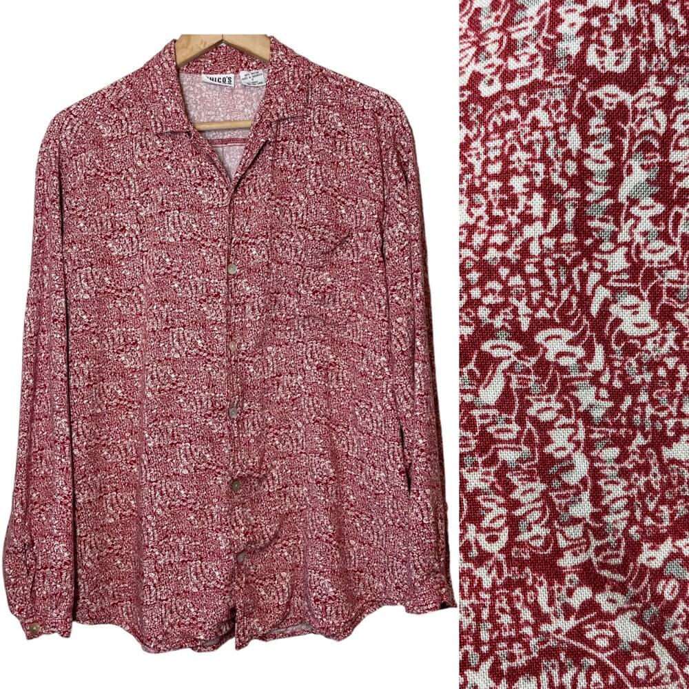 Chicos Design Red Abstract Print Pearl Shell Button Fron Shirt Blouse Large 2